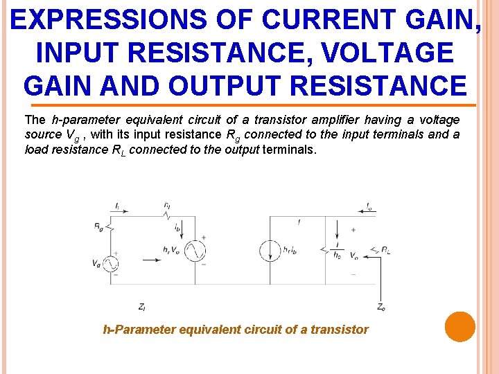 EXPRESSIONS OF CURRENT GAIN, INPUT RESISTANCE, VOLTAGE GAIN AND OUTPUT RESISTANCE The h-parameter equivalent