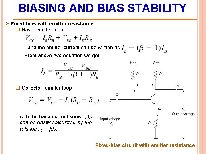 BIASING AND BIAS STABILITY Ø Fixed bias with emitter resistance q Base–emitter loop and