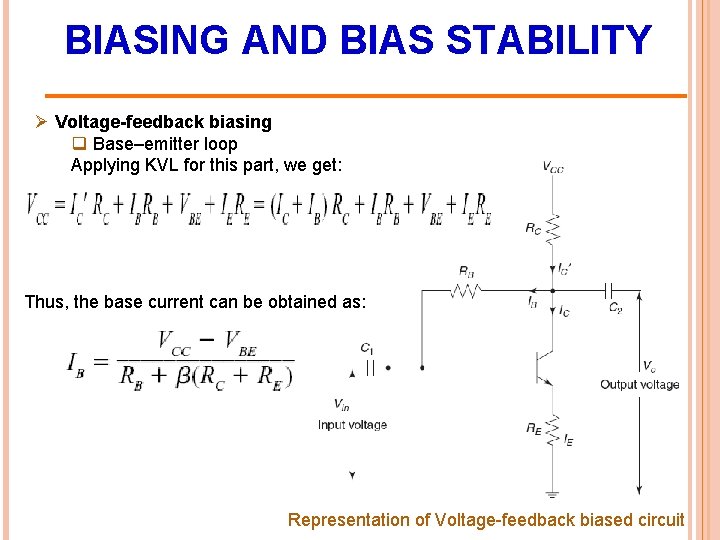 BIASING AND BIAS STABILITY Ø Voltage-feedback biasing q Base–emitter loop Applying KVL for this