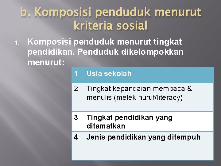 b. Komposisi penduduk menurut kriteria sosial 1. Komposisi penduduk menurut tingkat pendidikan. Penduduk dikelompokkan