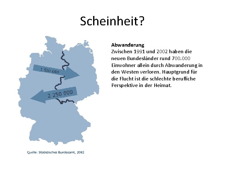 Scheinheit? Abwanderung Zwischen 1991 und 2002 haben die neuen Bundesländer rund 700. 000 Einwohner