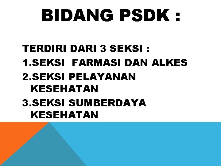 BIDANG PSDK : TERDIRI DARI 3 SEKSI : 1. SEKSI FARMASI DAN ALKES 2.