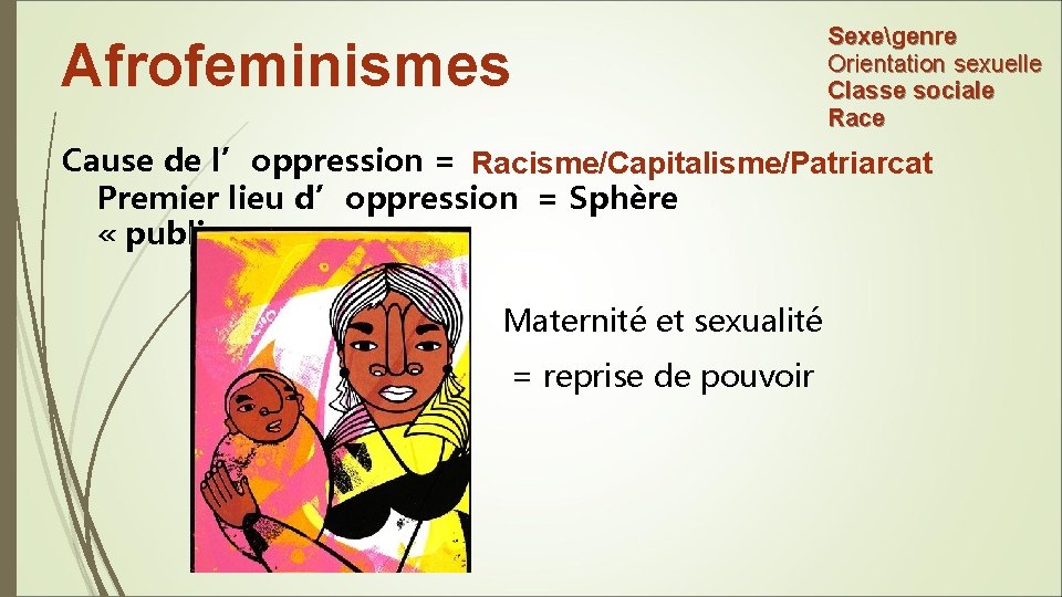 Afrofeminismes Sexegenre Orientation sexuelle Classe sociale Race Cause de l’oppression = Racisme/Capitalisme/Patriarcat Premier lieu