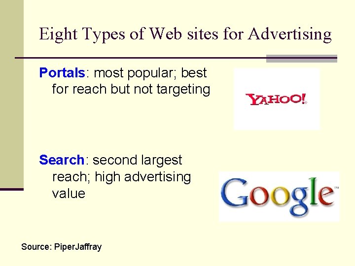 Eight Types of Web sites for Advertising Portals: most popular; best for reach but