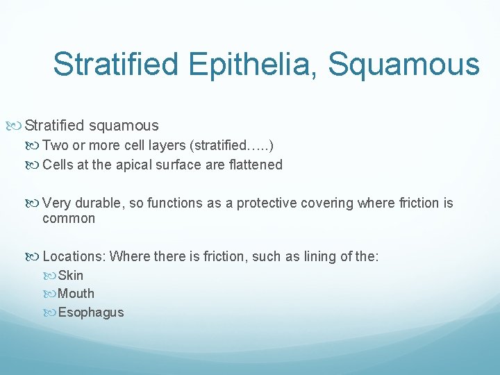 Stratified Epithelia, Squamous Stratified squamous Two or more cell layers (stratified…. . ) Cells Stratified Epithelia, Squamous Stratified squamous Two or more cell layers (stratified…. . ) Cells