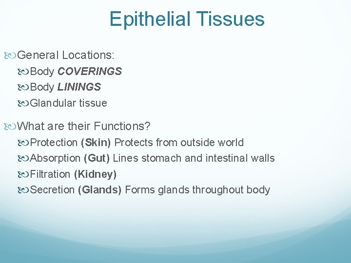 Epithelial Tissues General Locations: Body COVERINGS Body LININGS Glandular tissue What are their Functions?