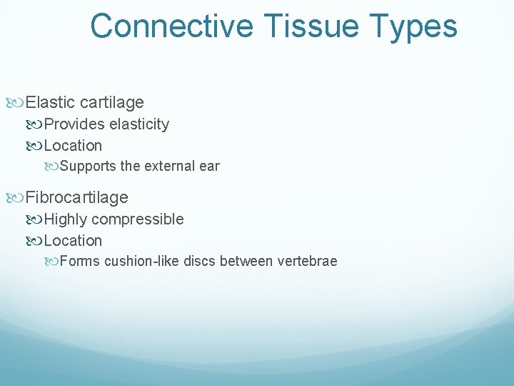 Connective Tissue Types Elastic cartilage Provides elasticity Location Supports the external ear Fibrocartilage Highly