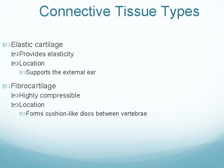 Connective Tissue Types Elastic cartilage Provides elasticity Location Supports the external ear Fibrocartilage Highly Connective Tissue Types Elastic cartilage Provides elasticity Location Supports the external ear Fibrocartilage Highly