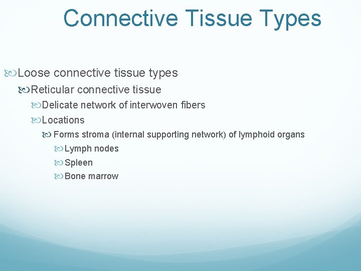 Connective Tissue Types Loose connective tissue types Reticular connective tissue Delicate network of interwoven