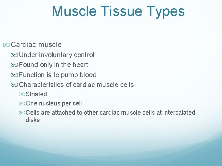 Muscle Tissue Types Cardiac muscle Under involuntary control Found only in the heart Function