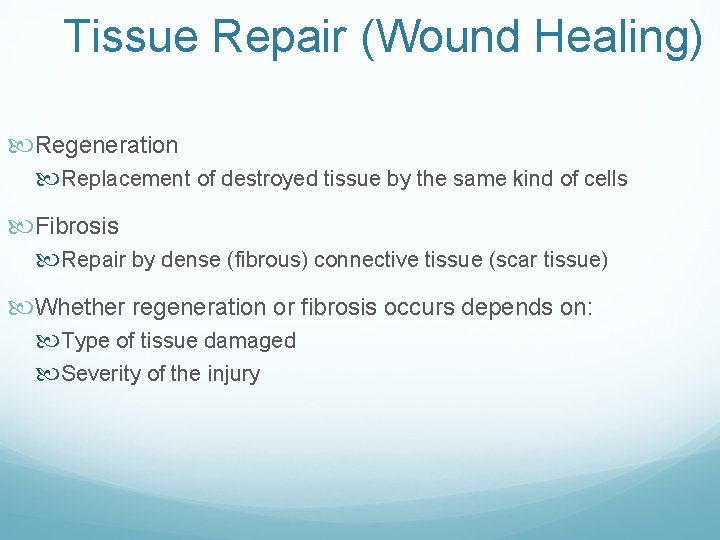 Tissue Repair (Wound Healing) Regeneration Replacement of destroyed tissue by the same kind of Tissue Repair (Wound Healing) Regeneration Replacement of destroyed tissue by the same kind of