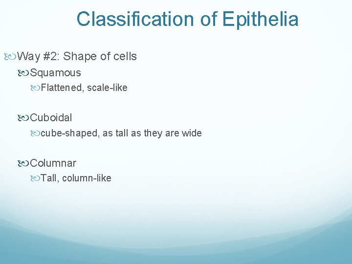 Classification of Epithelia Way #2: Shape of cells Squamous Flattened, scale-like Cuboidal cube-shaped, as Classification of Epithelia Way #2: Shape of cells Squamous Flattened, scale-like Cuboidal cube-shaped, as