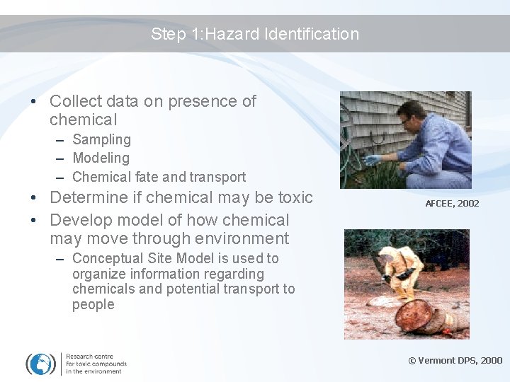 Step 1: Hazard Identification • Collect data on presence of chemical – Sampling –