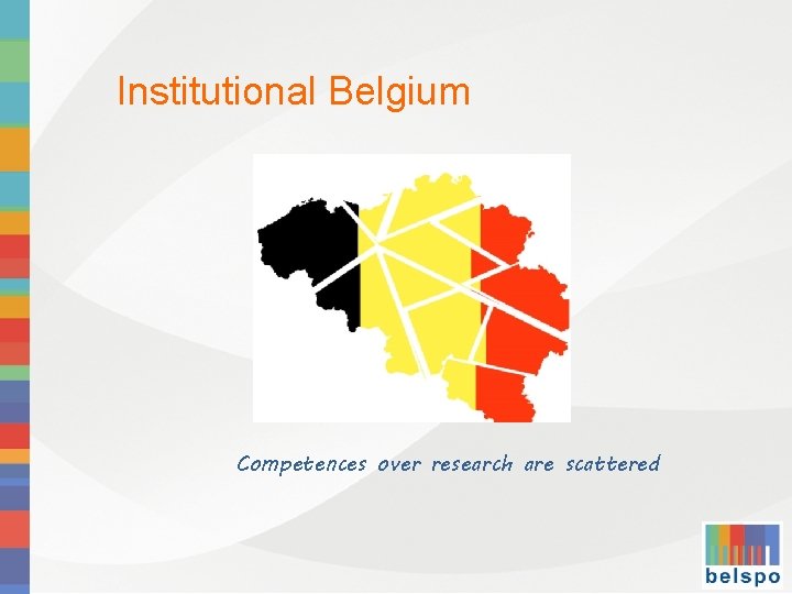 Institutional Belgium Competences over research are scattered 