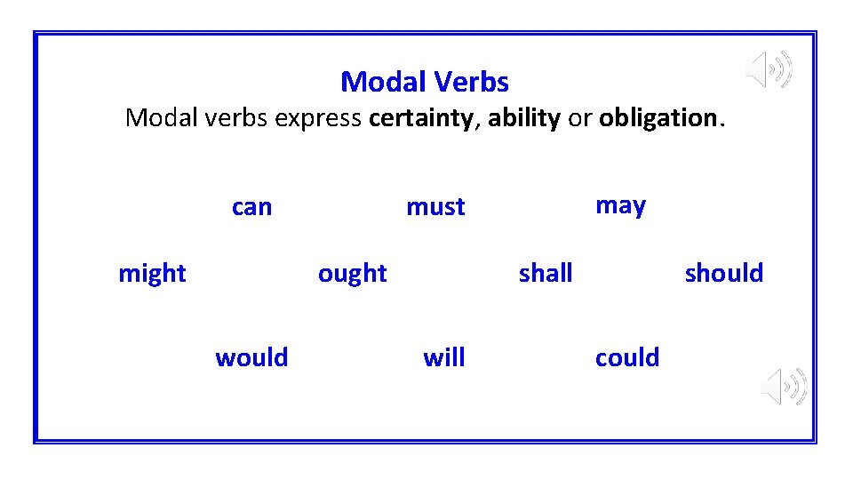 Modal Verbs Modal verbs express certainty, ability or obligation. can might ought would may
