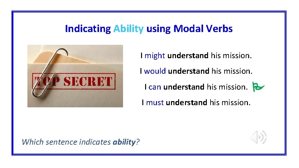 Indicating Ability using Modal Verbs I might understand his mission. I would understand his