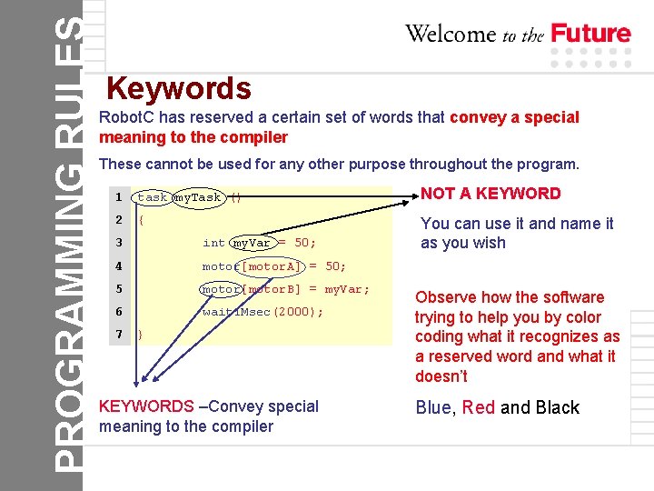 PROGRAMMING RULES Keywords Robot. C has reserved a certain set of words that convey