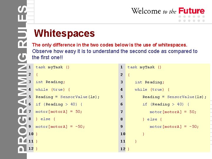 PROGRAMMING RULES Whitespaces The only difference in the two codes below is the use