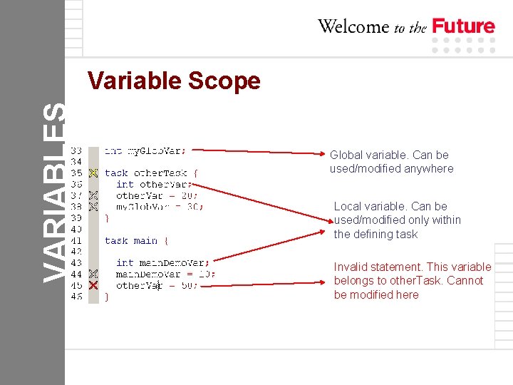 VARIABLES Variable Scope Global variable. Can be used/modified anywhere Local variable. Can be used/modified