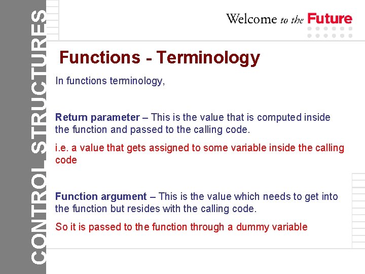 CONTROL STRUCTURES Functions - Terminology In functions terminology, Return parameter – This is the