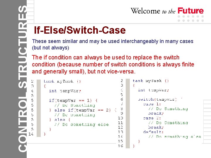 CONTROL STRUCTURES If-Else/Switch-Case These seem similar and may be used interchangeably in many cases