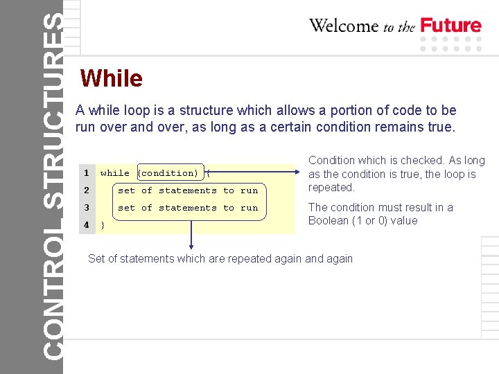 CONTROL STRUCTURES While A while loop is a structure which allows a portion of