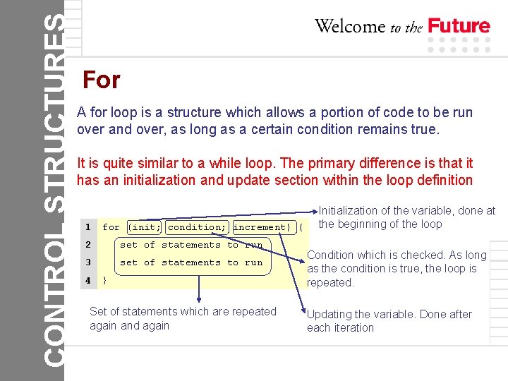 CONTROL STRUCTURES For A for loop is a structure which allows a portion of