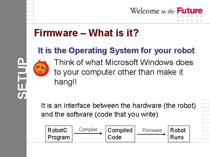 SETUP Firmware – What is it? It is the Operating System for your robot