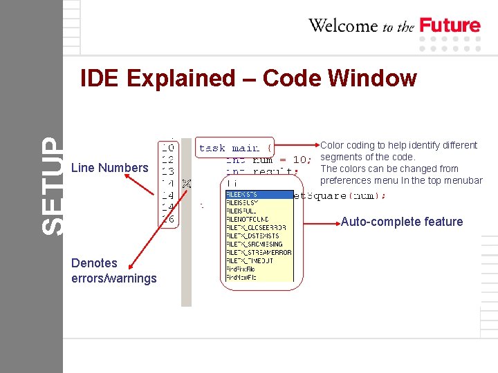 SETUP IDE Explained – Code Window Line Numbers Color coding to help identify different