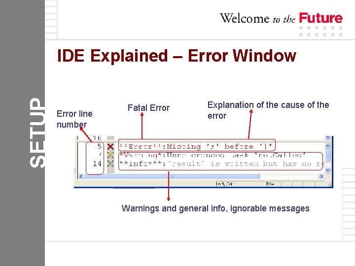 SETUP IDE Explained – Error Window Error line number Fatal Error Explanation of the