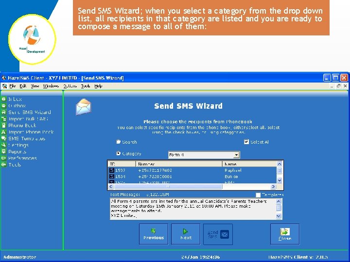 Send SMS Wizard; when you select a category from the drop down list, all