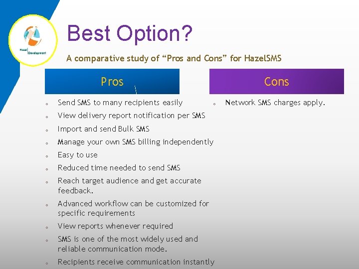 Best Option? A comparative study of “Pros and Cons” for Hazel. SMS Pros Cons
