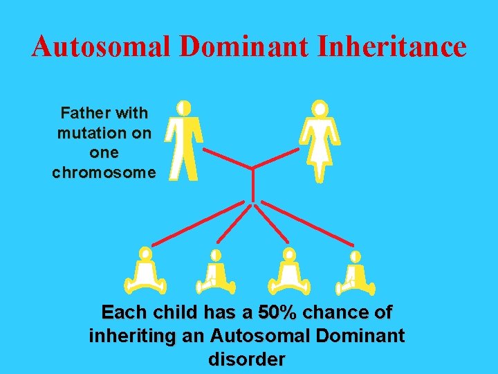 Autosomal Dominant Inheritance Father with mutation on one chromosome Each child has a 50%