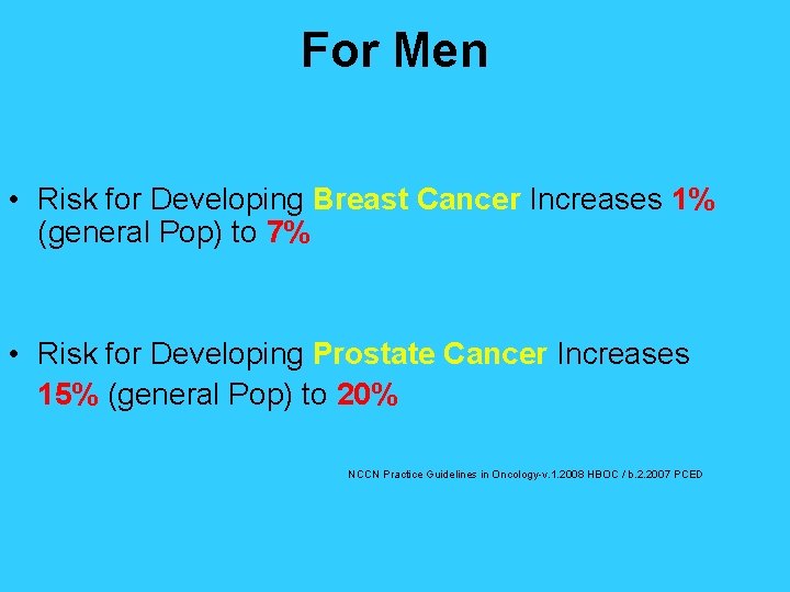 For Men • Risk for Developing Breast Cancer Increases 1% (general Pop) to 7%