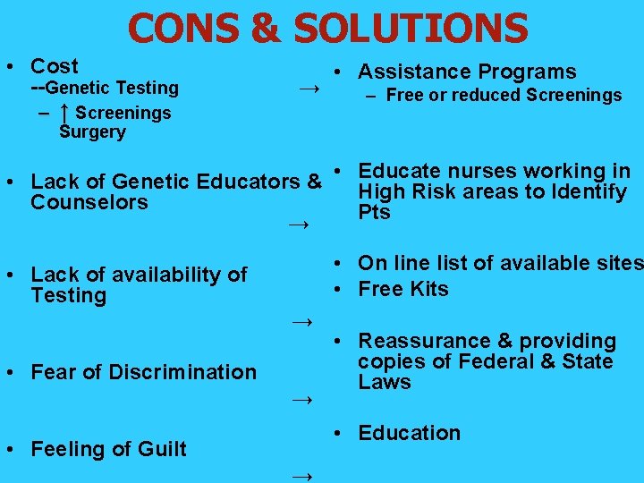 CONS & SOLUTIONS • Cost --Genetic Testing – ↑ Screenings → • Assistance Programs