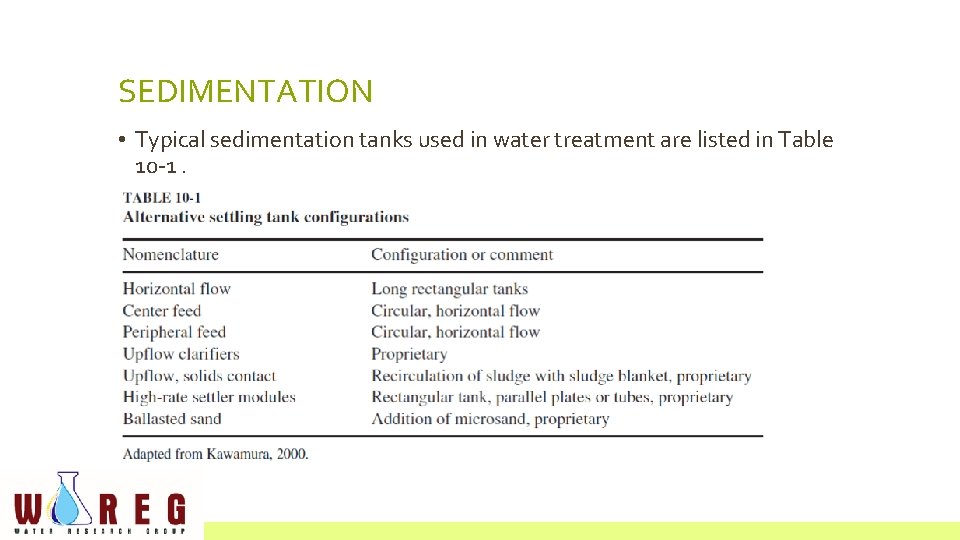 SEDIMENTATION • Typical sedimentation tanks used in water treatment are listed in Table 10