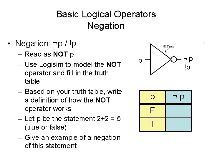 Basic Logical Operators Negation • Negation: ¬p / !p – Read as NOT p