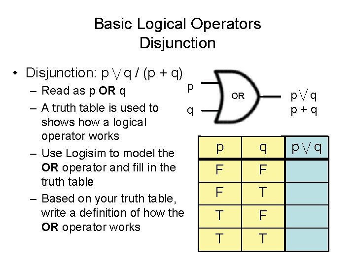 Basic Logical Operators Disjunction • Disjunction: p q / (p + q) p –
