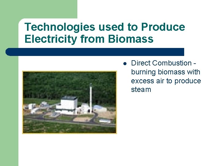 Technologies used to Produce Electricity from Biomass l Direct Combustion burning biomass with excess