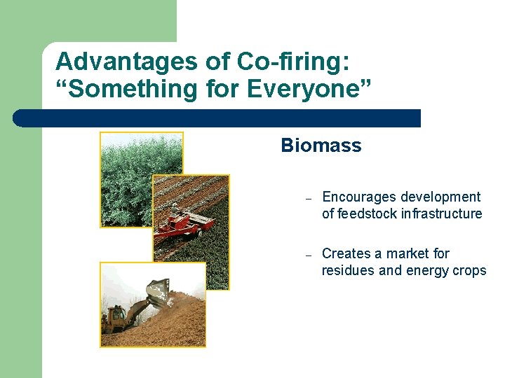 Advantages of Co-firing: “Something for Everyone” Biomass – Encourages development of feedstock infrastructure –