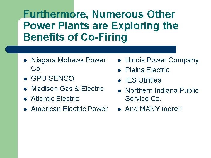 Furthermore, Numerous Other Power Plants are Exploring the Benefits of Co-Firing l l l