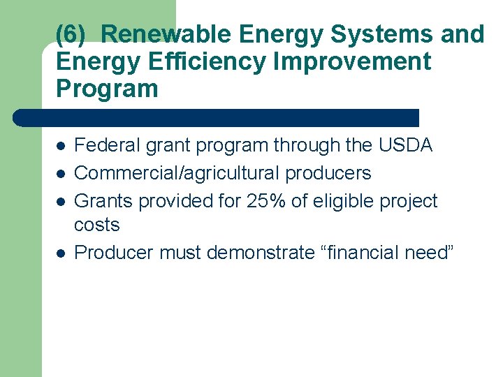 (6) Renewable Energy Systems and Energy Efficiency Improvement Program l l Federal grant program