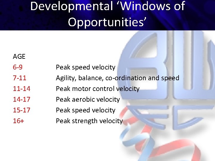 Developmental ‘Windows of Opportunities’ AGE 6 -9 7 -11 11 -14 14 -17 15
