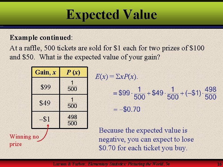 Expected Value Example continued: At a raffle, 500 tickets are sold for $1 each