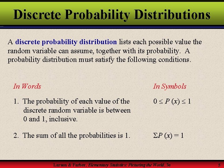 Discrete Probability Distributions A discrete probability distribution lists each possible value the random variable