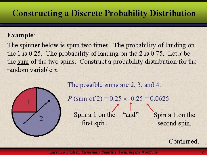 Constructing a Discrete Probability Distribution Example: The spinner below is spun two times. The