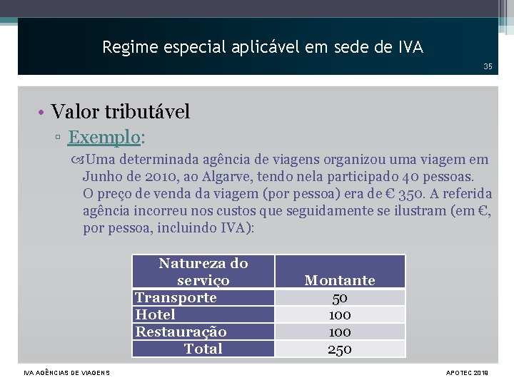 Regime especial aplicável em sede de IVA 35 • Valor tributável ▫ Exemplo: Uma