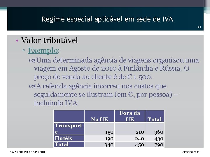 Regime especial aplicável em sede de IVA 41 • Valor tributável ▫ Exemplo: Uma