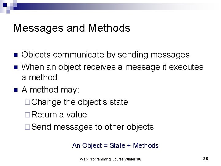 Messages and Methods n n n Objects communicate by sending messages When an object