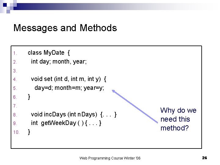 Messages and Methods 1. 2. class My. Date { int day; month, year; 3.